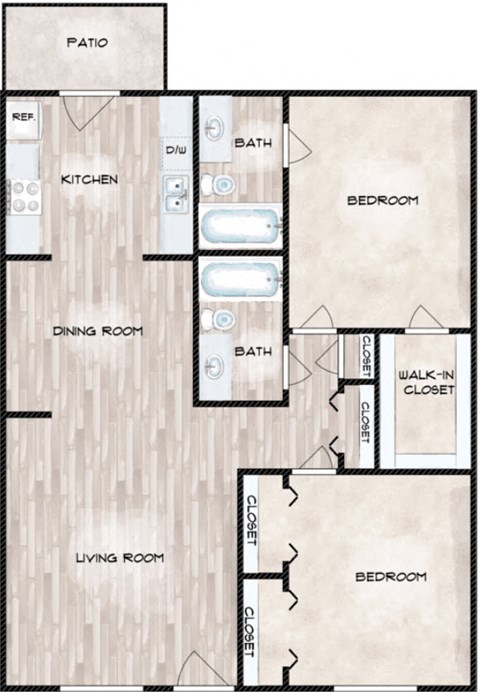 Floor plan for 2 beds, 2 baths, 1052 sqft